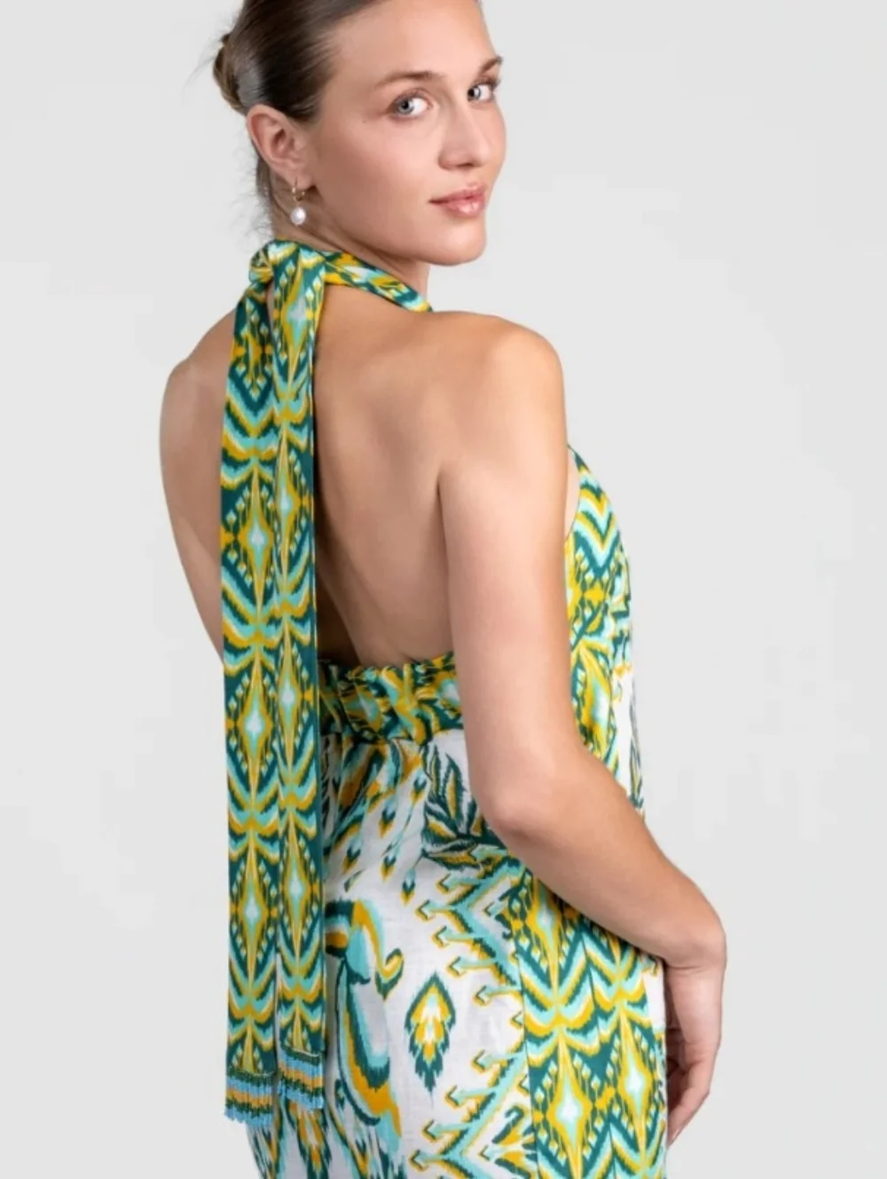 FARM RIO Blue/Greens & Cream Beads Tropical Tapestry Linen Halter Maxi Sundress - Picture 12 of 16